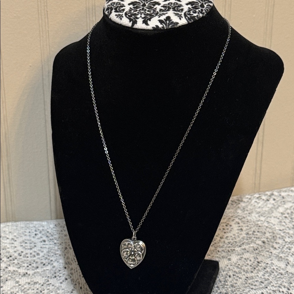 Vintage Sterling Silver Heart Pendant Charm with Flower and Necklace Chain 18"